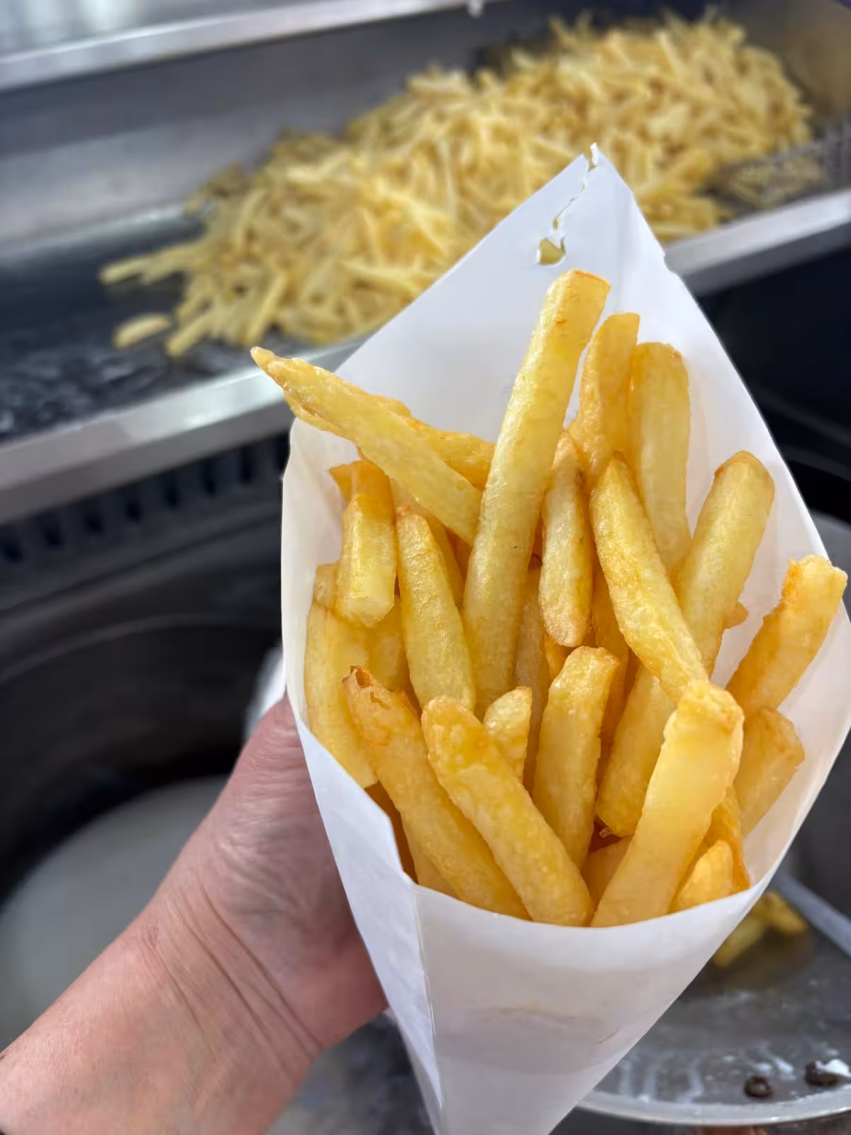 Verse frieten in een puntzak
